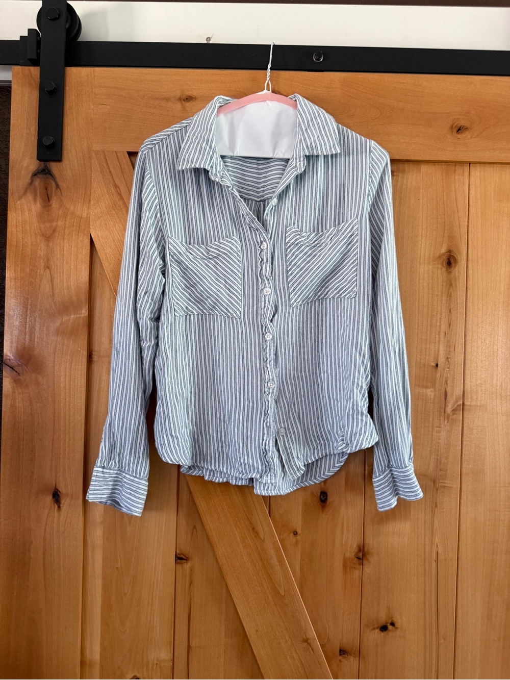 Thread & Supply Blue and White Striped Top with Pink Trim